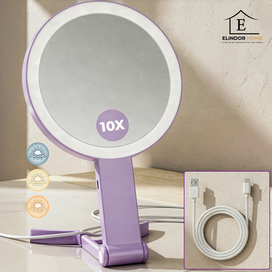 Oglinda Cosmetica Pliabila Elindor® Rotire 360°, Efect de Marire Lupa 10x, Oglinzi Cosmetice pentru Coafor, Frizerie, Barbierit, Pensat, Vopsit, Tuns, Machiaj, ABS Durabil, 3 Culori Lumina, in Mana sau pe Masa, 26.4x16 cm,  cm, Mov