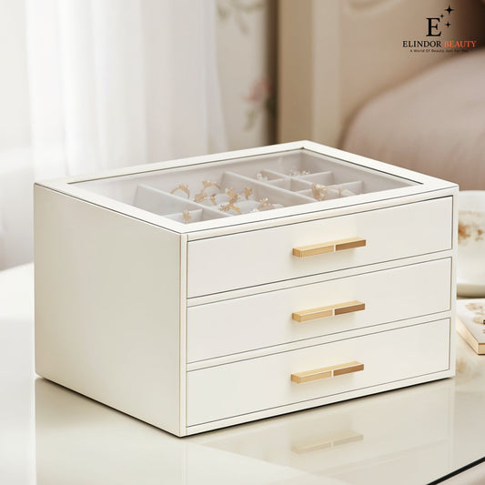 Cutie de Bijuterii Elindor® Organizator pe 3 Niveluri, Sertar x3, Spatiu de Depozitare pentru Inel, Verighete, Lantisoare, Bratari, Cercei, Caseta cu Design Rafinat, Simplu si Elegant, Piele Ecologica Alba, 18x25x15 cm