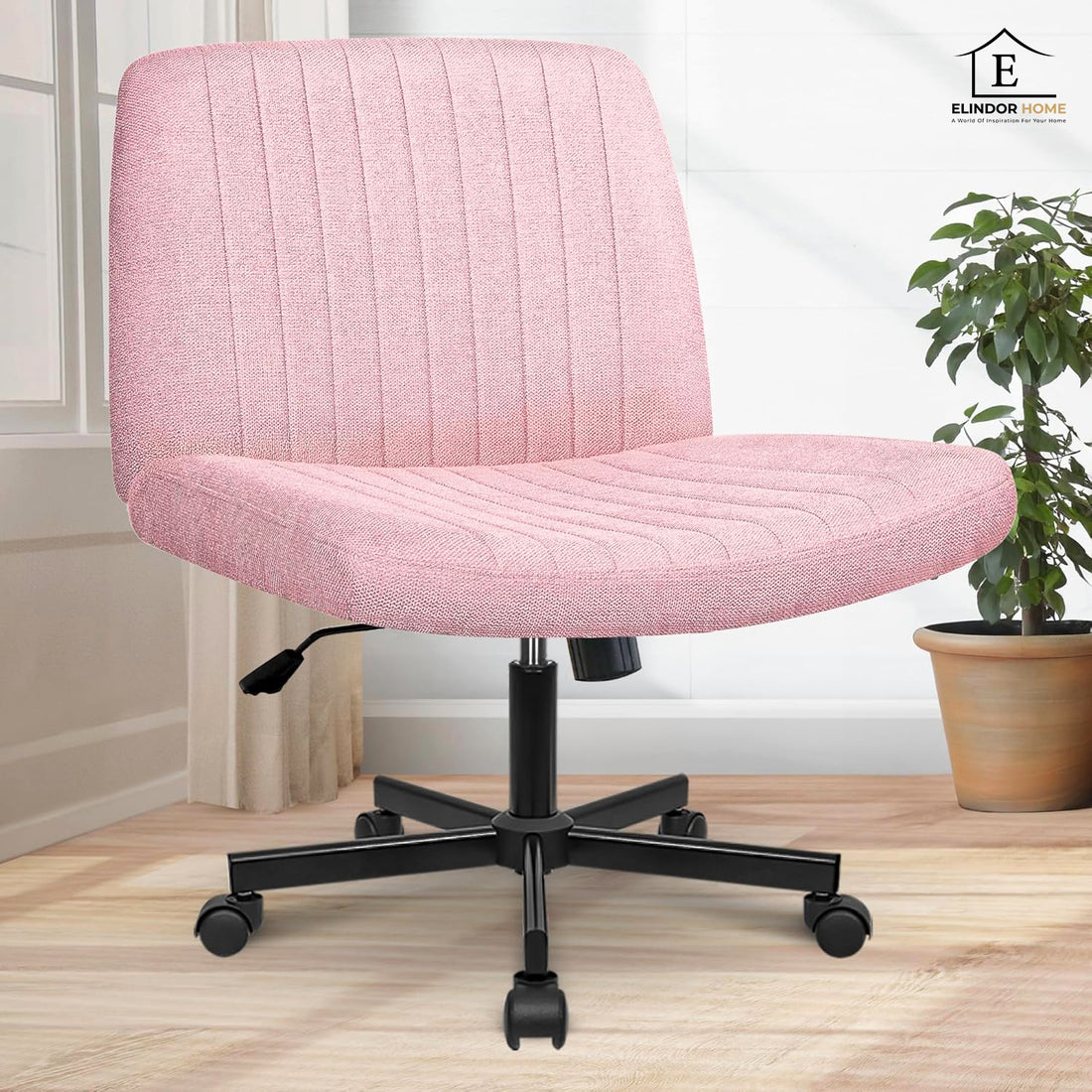 Scaun Birou Ergonomic Elindor® Rotativ 360°, fara Manere, cu Spatar Design Compact, Confortabil, Scaune in Stil Modern cu Roti, Picioare Metalice, Reglaj Balansare, Inaltime Ajustabila, 56 × 67 × 92 cm, Roz