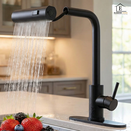 Baterie Chiuveta Bucatarie Neagra Elindor® Robinet de Apa, Modern cu Pipa Flexibila, Cap Dus Extractabil cu Patru Functii, Monocomanda, Rotativ 360°, pentru Bucatarie, Otel Inoxidabil, Finisaj Mat