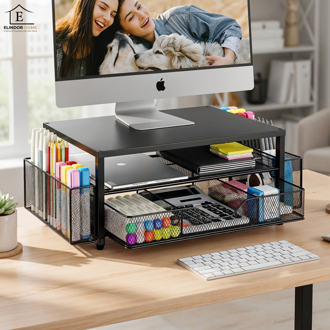 Suport Birou Elindor® pentru Monitor sau Laptop, Organizator Universal, Multifunctional, Antiderapant, Spatiu Lateral Pixuri, Sertar Glisant, pentru Masa, Ideala la Munca sau Acasa, 40 x 24 x 16 cm, Negru