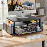 Suport Birou Elindor® pentru Monitor sau Laptop, Organizator Universal, Multifunctional, Antiderapant, Spatiu Lateral Pixuri, Sertar Glisant, pentru Masa, Ideala la Munca sau Acasa, 40 x 24 x 16 cm, Negru