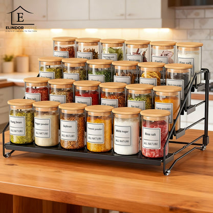 Organizator Condimente Elindor® pe 4 Niveluri, Suport Organizare, pe Blat sau in Dulap, sub Chiuveta, Suport Metalic, pentru Bucatarie, Baie, Camara, Bar, Raft cu Sertare Depozitare Condimente, 25.5 × 34 × 16 cm, Negru