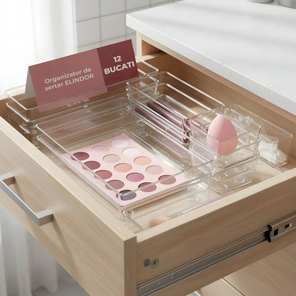 Set 12 Cutii Depozitare Elindor® Organizator pentru Bucatarie si Baie, 4 Marimi, Organizatoare Dulap si Sertare, Cutie pentru Sertar, Frigider, Camara, Baie, Bar, Birou, Cos Multifunctional, Separator Fructe, Legume, Creme, Parfumuri, Plastic Acrilic