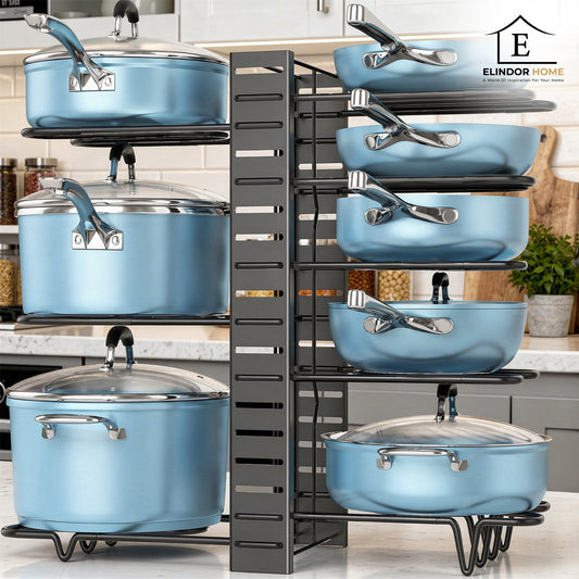 Organizator Vase Elindor®, Suport Oale Chiuveta, Ideal pentru Farfurii, Oale, Tigai, cu 8 Compartimente si 8 Niveluri, pentru Bucatarie Multifunctional, pentru Blat sau in Dulap, 42x20x54.5, Negru