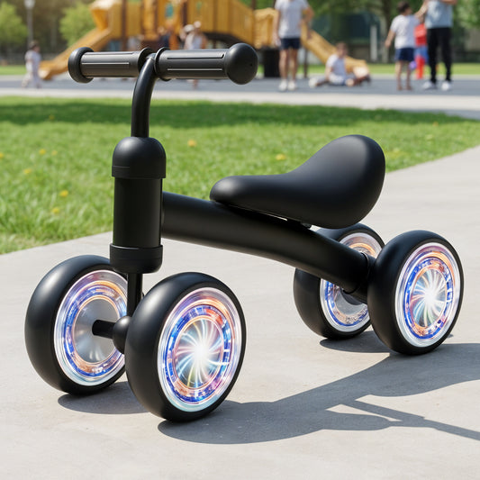 Bicicleta fara Pedale Elindor® pentru Copii, cu 4 Roti cu LED, Usoara, Silentioasa, Robusta, Sa Ergonomica, Dezvolta Echilibrul si Coordonarea, pentru Copii de 10-36 Luni, 55 x 19 x 24.5 cm, Negru