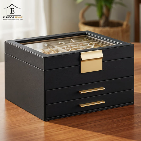 Cutie de Bijuterii Elindor® Organizator pe 3 Niveluri, Sertar x2, Spatiu de Depozitare pentru Inel, Verighete, Lantisoare, Bratari, Cercei, Caseta din Material Catifelat, Design Rafinat, Simplu si Elegant, Piele Ecologica Neagra, 20.3 x 23 x 13.5 cm