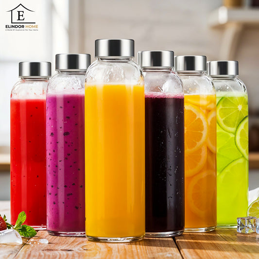 Set 6 Sticle Elindor® cu Capace din Inox, Etanseitate 100%, Ideal pentru Apa, Suc, Smoothie, Ceai, Cafea, Potrivit pentru Frigider, Lavabil, din Sticla fara BPA, 22 x 6 cm, 530 ml, Transparent