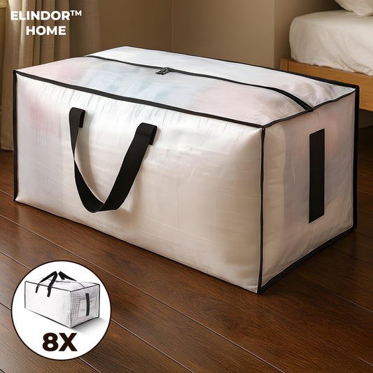 Set 8 Genti Mari Depozitare Elindor®, cu Fermoar si Manere, Pliabile, Rezistente la Apa, 86 L, Polipropilena (PP), Semi-Transparent, Pentru Haine, Lenjerii, Jucarii, Camping, Alternativa Cutii Mutare