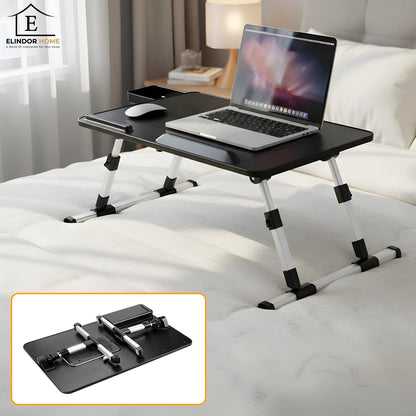 Masa Pliabila pentru Laptop Elindor® Suport Inaltime Reglabila pe 5 Niveluri, Unghi Ajustabil, Antiderapanta, Usor de Depozitat, Birou Portabil cu Sertar de Depozitare si Suport pentru Mouse, Utilizare in Orice Loc, Ideala la Munca sau Mic Dejun la Pat, N
