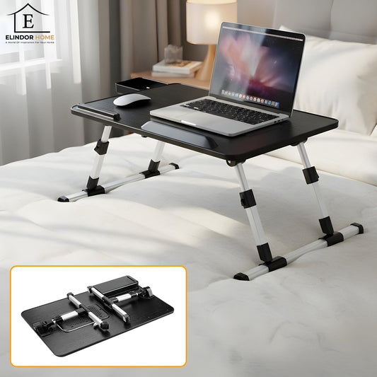 Masa Pliabila pentru Laptop Elindor® Suport Inaltime Reglabila pe 5 Niveluri, Unghi Ajustabil, Antiderapanta, Usor de Depozitat, Birou Portabil cu Sertar de Depozitare si Suport pentru Mouse, Utilizare in Orice Loc, Ideala la Munca sau Mic Dejun la Pat, N