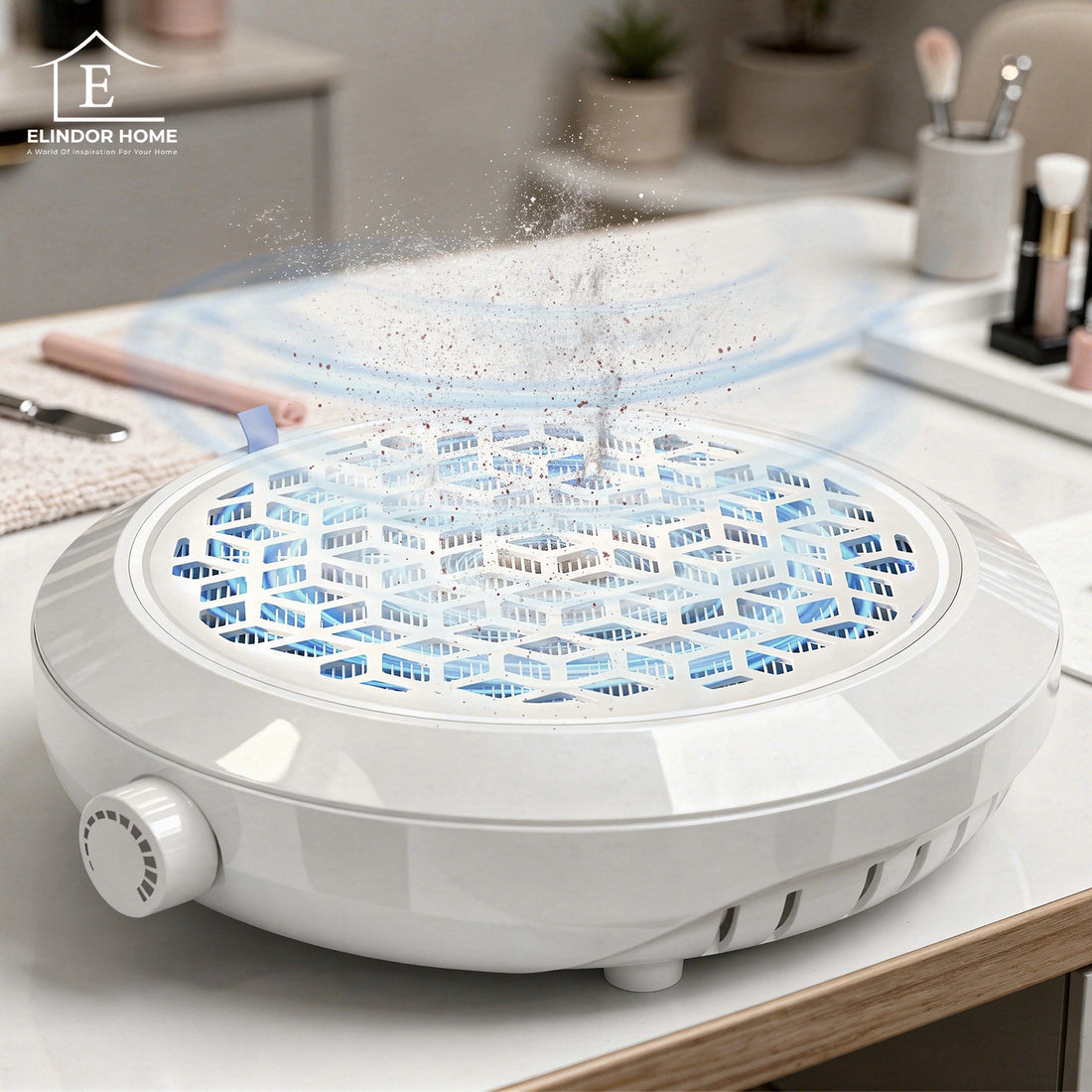 Aspirator Praf Unghii Elindor®, Colector Profesional Manichiura si Pedichiura, 8000 RPM, Aparat cu Ventilator Puternic si Filtru, 10x Viteza Reglabila, Design Compact si Portabil, 25.5x21x7 cm, Ideal pentru Salon sau Acasa, Alb