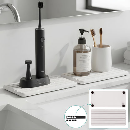 Set 2 Covorase pentru Chiuveta Elindor® din Diatomit, Extra Absorbant, Uscare Rapida, Antiderapante, Design Contemporan si Minimalist, Rezistente la Apa, 21 cm x 10 cm x 1.5 cm, Bej Deschis