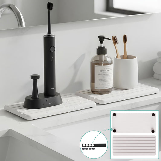 Set 2 Covorase pentru Chiuveta Elindor® din Diatomit, Extra Absorbant, Uscare Rapida, Antiderapante, Design Contemporan si Minimalist, Rezistente la Apa, 21 cm x 10 cm x 1.5 cm, Bej Deschis