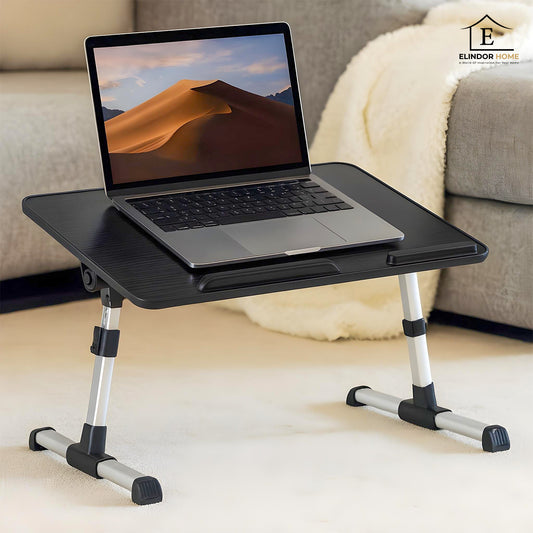 Masa Pliabila pentru Laptop Elindor® cu Ventilator USB Inclus, Antiderapanta, 3 Unghiuri de Inclinare, 5 Nivele Inaltime, Birou Portabil Utilizare in Orice Loc, Ideala la Munca sau Mic Dejun la Pat, 60 x 33 cm, Negru