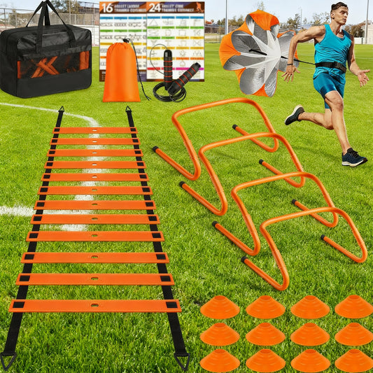 Scara de Antrenament Elindor® pentru Agilitate, Viteza, Rezistenta, Coordonare, Rapiditate, cu 12 Conuri, 4 Garduri Reglabile, Lungime Reglabila, Parasuta de Rezistenta, Interior/Exterior, 600x43 cm, Portocaliu/ Negru