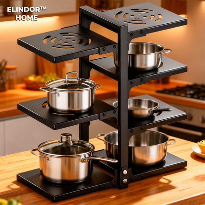 Organizator Vase Elindor®, Suport Oale Chiuveta, Ideal pentru Farfurii, Oale, Tigai, cu 7 Compartimente si 6 Nivele, pentru Bucatarie Multifunctional, pentru Blat sau in Dulap, 51 x 22.6 x 53 cm, Negru