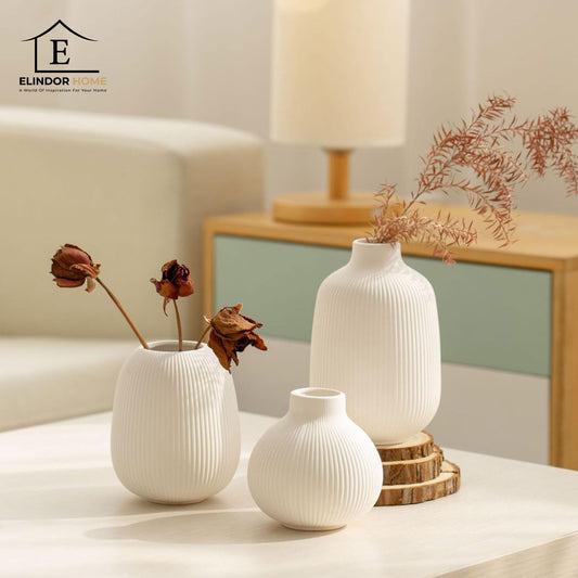 Set 3 Vaze Decorative Elindor® Ideale pentru Flori, Cadou de Casa Noua, Vaza Decorativa pentru Exterior sau Interior, Living, Birou, Dormitor, Hol, Terasa, Textura in Dungi, din Ceramica Alba