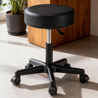 Scaun Rotativ Elindor® cu Roti, Ergonomic, fara Spatar si Manere, Design Compact, Tapitat cu Burete Moale, cu Picior Metalic, Potrivite pentru Living, Bucatarie, Birou, Dormitor, Inaltime Ajustabila, 48 x 48 x 46-60 cm, Negru