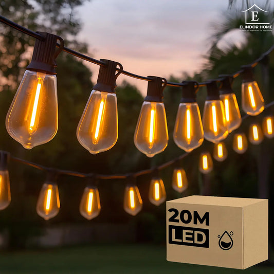 Ghirlanda Luminoasa Elindor® 20 m cu 48 Becuri Vintage Tip Edison, LED, Impermeabila IP65, Lumina Calda 2700K, pentru Gradina, Terasa, Balcon, Petreceri si Decor Exterior / Interior, Compatibil cu Dimmer,  Negru