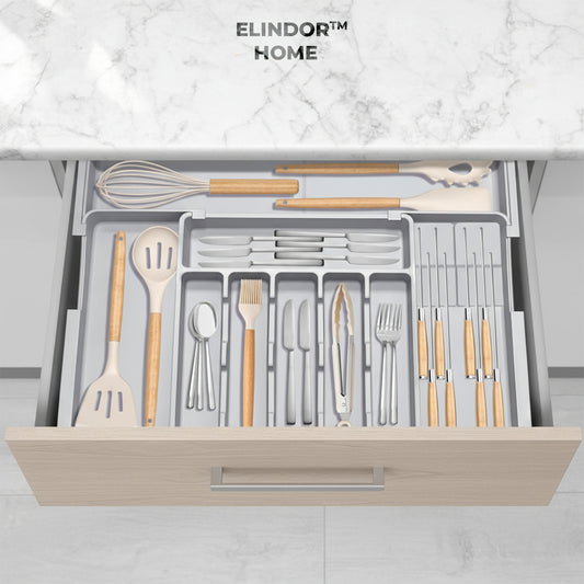 Organizator Extensibil Elindor® pentru Tacamuri si Ustensile de Bucatarie, 9 Compartimente, Sertar Extensibil 36.8-48.3 cm si 33.5 – 55.9 cm, Suport Ajustabil pentru Cutite, Linguri, Furculite, Gri