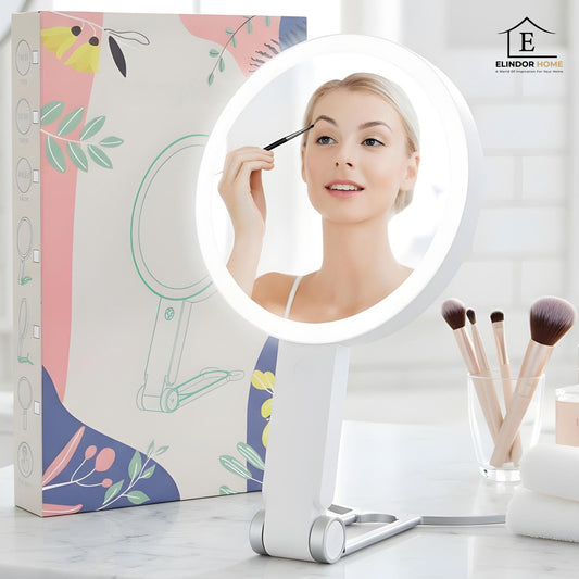 Oglinda Cosmetica Pliabila Elindor® cu Efect de Marire Lupa 20x, Oglinzi Cosmetice pentru Coafor, Frizerie, Barbierit, Pensat, Vopsit, Tuns, Machiaj, ABS Durabil, 3 Culori Lumina, in Mana sau pe Masa, Alba
