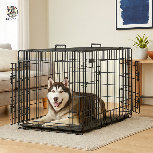 Cusca pentru Animale Elindor® Pliabila, Potrivita pentru Caini de Talie Medie, Mare si Foarte Mare de 42-50 Kg, Utilizare in Interior si Exterior sau Calatorii, cu 2 Usi, Baza din Plastic Detasabila, 2 Manere pentru Transport, 122 × 74,5 × 80,5 cm, Negru