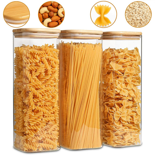 Set 3 Caserole Elindor® Sticla cu Capace Bambus, Recipiente Etanse 2.1L Pentru Alimente Uscate: Paste, Cereale, Cafea, Zahar, Cutii Depozitare si Organizare Bucatarie, Frigider sau Camara – Transparent