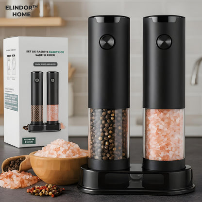 Set 2 Rasnite Electrice Elindor® Rasnita Electrica Led pentru Sare si Piper, Solnita si Pipernita din Sticla, Recipient Condimente cu Senzor Gravitational, Reglare Grosime Macinare x5, Operare cu o Mana, pentru Bucatarie, 16x7.5 cm, Transparent / Negru