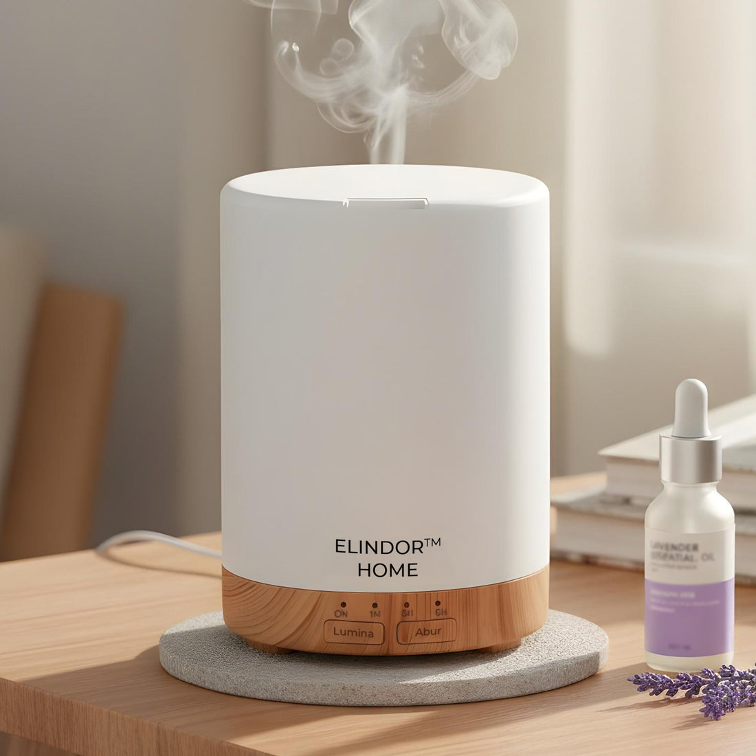 Difuzor de Ulei Esential Elindor® Aromaterapie, Umidificator de Aer, Aparat cu Rezervor 300ml, Capac Opac, Oprire Automata, Ultrasonic, 7 Moduri Lumina Ambientala, 25 dB, Aria de Acoperire 25 m², Alb