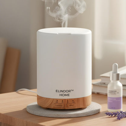 Difuzor de Ulei Esential Elindor® Aromaterapie, Umidificator de Aer, Aparat cu Rezervor 300ml, Capac Opac, Oprire Automata, Ultrasonic, 7 Moduri Lumina Ambientala, 25 dB, Aria de Acoperire 25 m², Alb