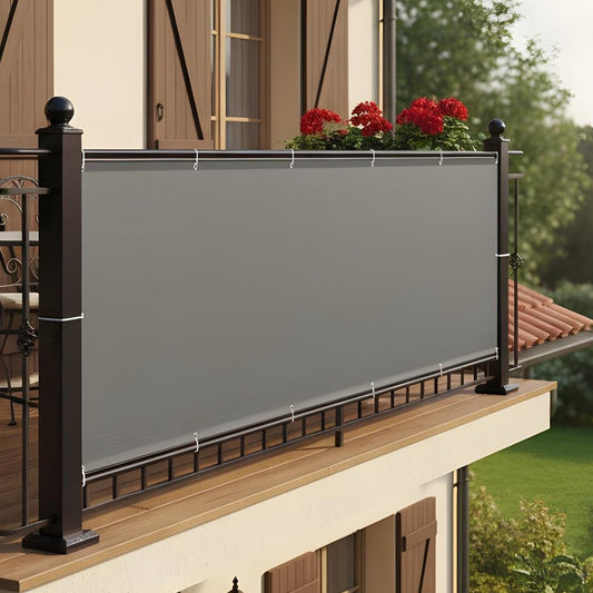 Paravan Intimitate pentru Balcon Elindor® Plasa Rezistenta la Ploaie, Vant si Radiatii UV, Impermeabila, PE+PU, Accesorii Terasa si Foisor, Inele Aluminiu, Design Modern si Discret, 90 × 300 cm, Gri