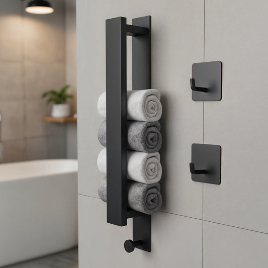 Suport Prosop Elindor® Polita cu Adeziv, Etajera Prosoape Dus, Organizare Perete, Organizator Baie, Accesorii din Inox, 2x Carlige, 40 × 4.5 × 6.3 cm, Negru