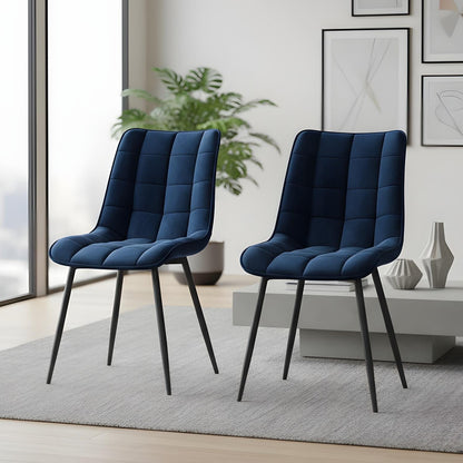 Set 2 Scaune Elindor® Ergonomice, Design Contemporan, Scaun cu Spatar si fara Manere, din Catifea cu Picioare Metalice Negre, Potrivite pentru Living, Bucatarie, Birou, Dormitor, Latime Sezut 46 cm, 85.5 x 45 x 42 cm, Albastru Marin