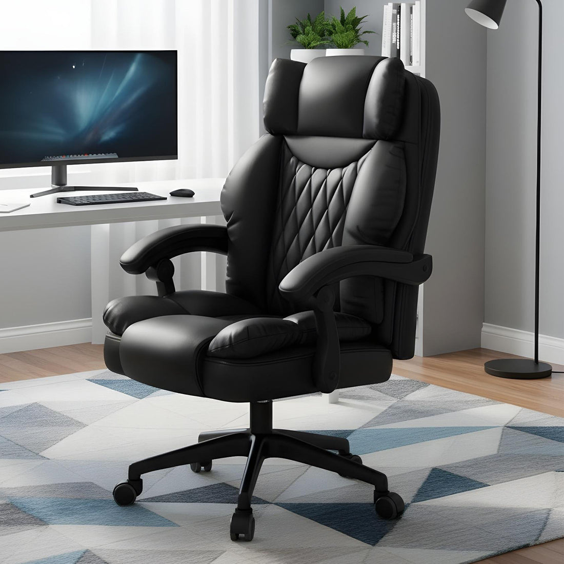 Scaun de Birou Elindor® Ergonomic, Design Contemporan, Scaun cu Spatar si Manere, din Piele PU cu Suport pentru Picioare si Roti, Latime Sezut 58 cm, Inaltime intre 48-56 cm, Negru