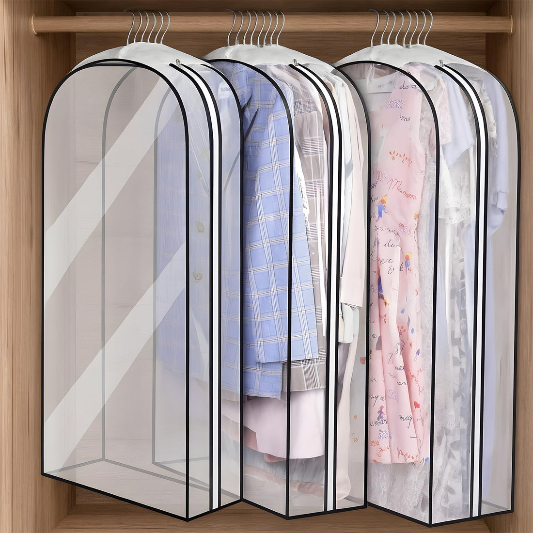 Set 3 Huse Depozitare Elindor® pentru Haine Dulap, Organizator pentru Dormitor Studentesc, Organizatoare Mari cu 8 Umerase, Organizare Multifunctionala, Separator Haine cu Fermoar Lateral, 100 x 60 x 25 cm, Transparent