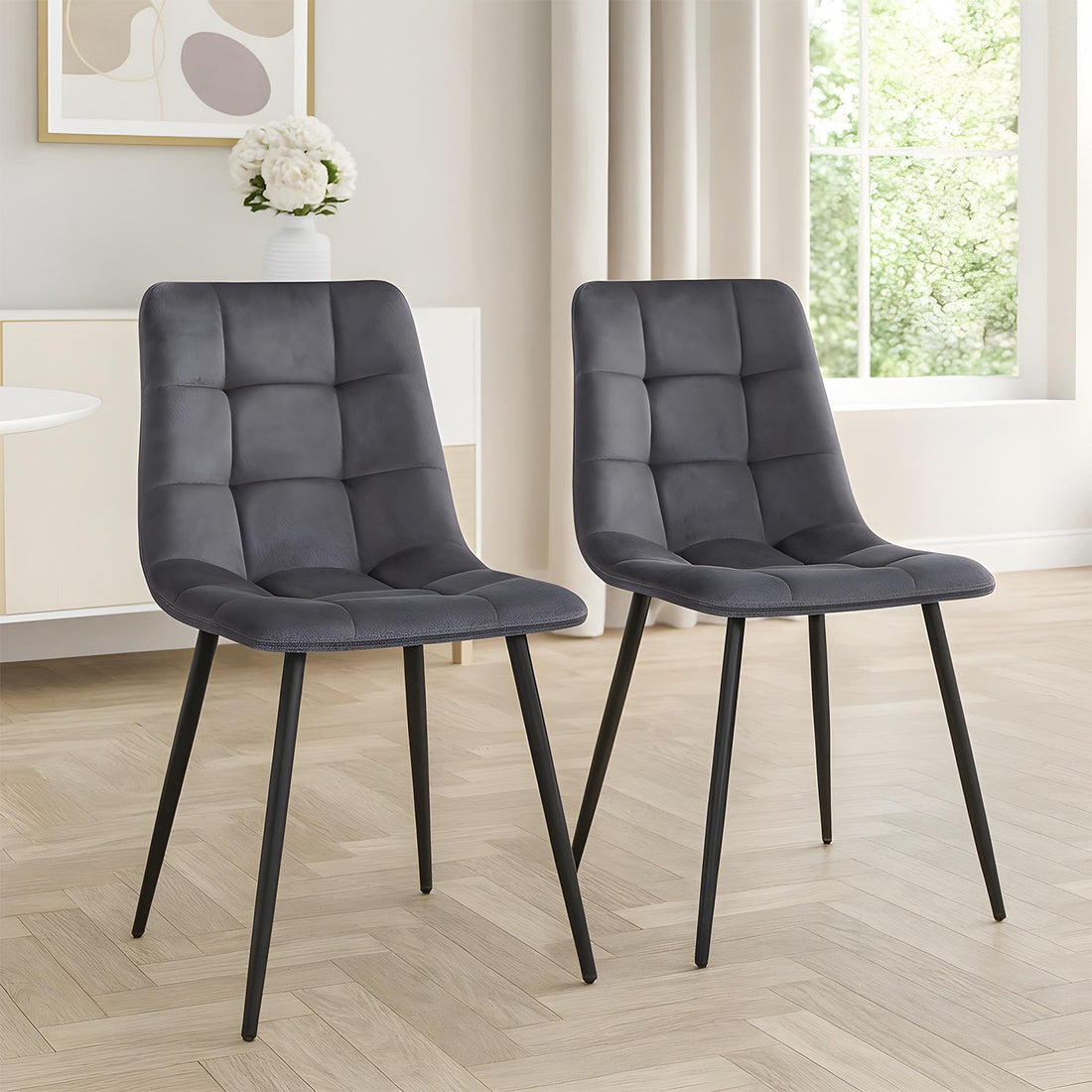 Set 2 Scaune Elindor® Ergonomice, Design Contemporan, Scaun cu Spatar Inaltime 41 cm, fara Manere, din Catifea cu Picioare Metalice Negre, Potrivite pentru Living, Bucatarie, Birou, Dormitor, 54 x 45 x 83 cm, Gri