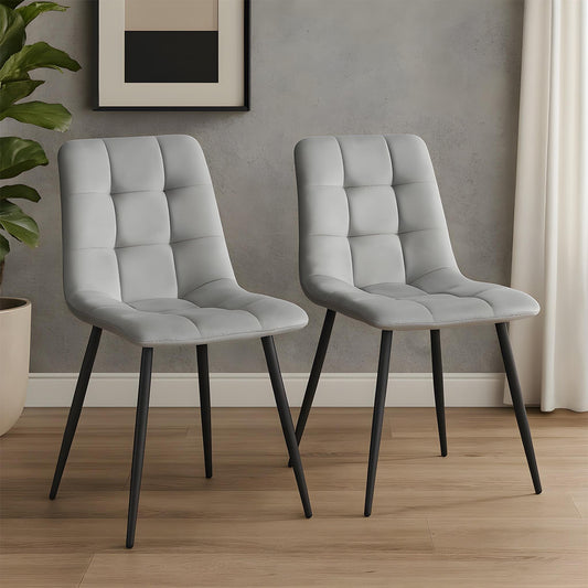 Set 2 Scaune Elindor® Ergonomice, Design Contemporan, Scaun cu Spatar Inaltime 41 cm, fara Manere, din Catifea cu Picioare Metalice Negre, Potrivite pentru Living, Bucatarie, Birou, Dormitor, 54 x 45 x 83 cm, Gri Deschis