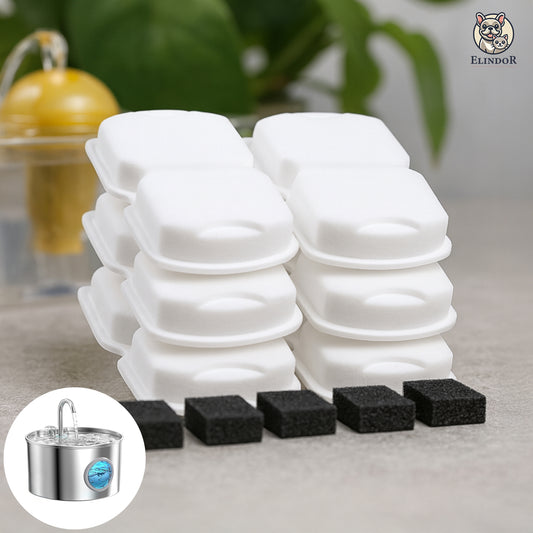 Set 6 Filtre de Rezerva + 6 Filtre de Burete Elindor® pentru Dispenser de Apa 2.2 l pentru Animale Tip Adapator, Accesorii Purificare si Filtrare Cvadrupla pentru Fantana pentru Pisici si Caini, Elimina Eficient Firele de Par si Impuritatile, Alb