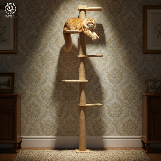 Ansamblu de Joaca Elindor® pentru Pisici, cu 5 Nivele, Post pentru Zgariat din Sisal, Stalp pentru Ascutit Gheare si Catarare, Baza din Lemn, Accesorii Animale de Companie, Montare Usoare, 19 x 16.5 x 206 cm, Bej / Maro