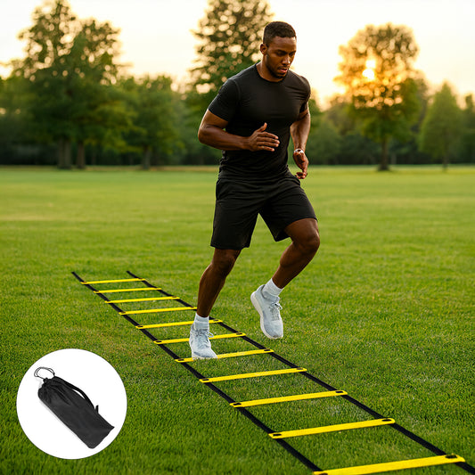 Scara de Antrenament Elindor® pentru Agilitate, Viteza, Rezistenta, Coordonare, Rapiditate, cu 12 Trepte, Lungime Reglabila Treapta 38-42 cm, Interior / Exterior, Geanta de Transport Inclusa, 500 x 42 cm, Galben / Negru