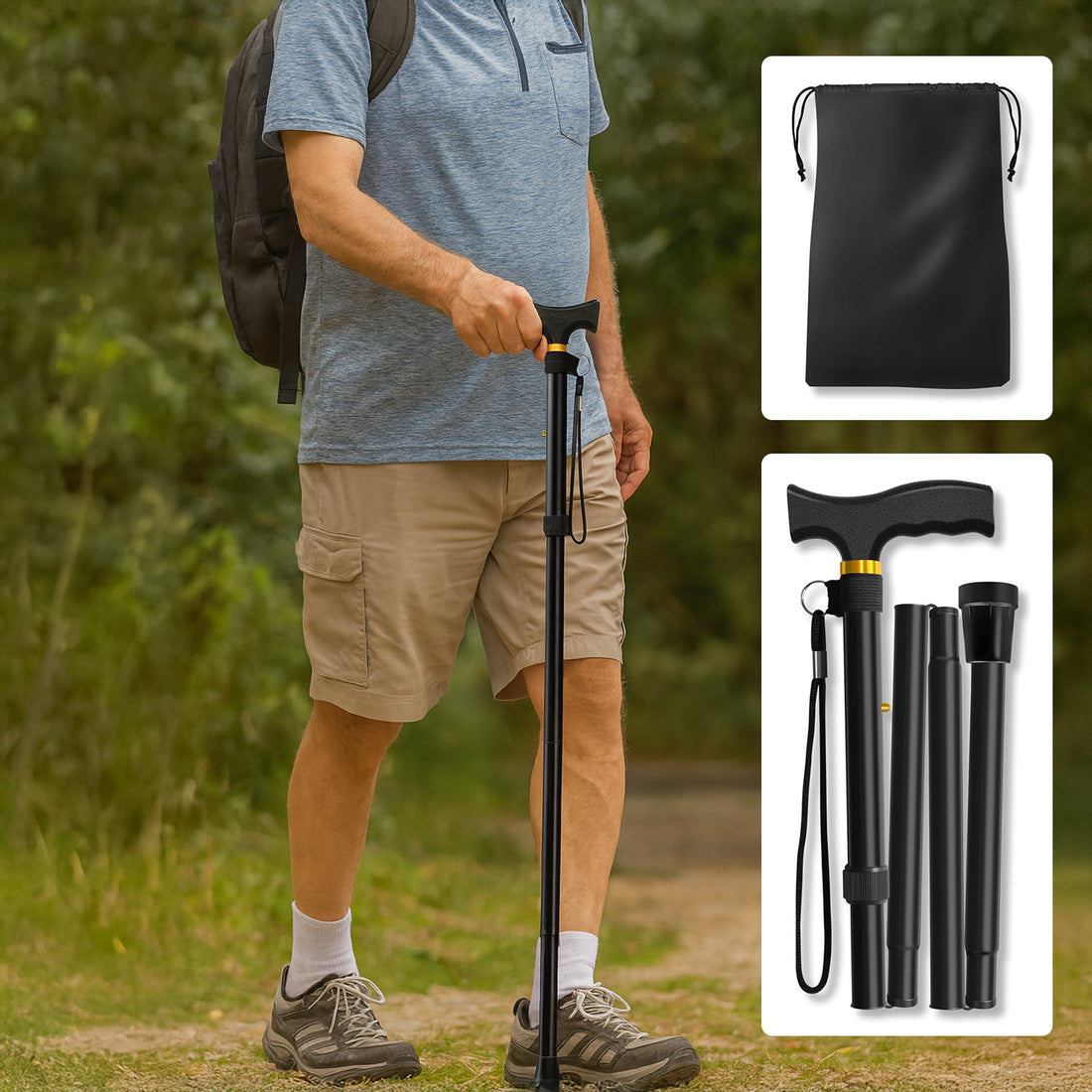 Baston Ortopedic Elindor® de Sprijin Pliabil, Usor si Reglabil, Potrivit pentru Ambele Maini, din Aluminiu Rezistent, Ofera Stabilitate si Sustinere pana la 100 Kg, Carja pentru Varstnici si Recuperare, Negru