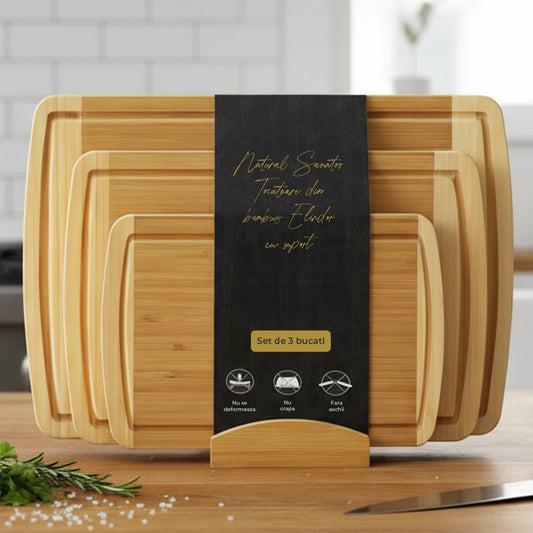 Set 3 Tocatoare Elindor® din Lemn Natural de Bambus, cu Suport Inclus, fara Maner, 3 Marimi Diferite, Ideal pentru Taierea si Servirea Legumelor, Fructelor, Branzeturilor sau Carnii