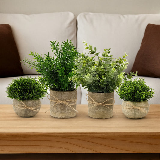 Set 4 Plante Artificiale Elindor® pentru Interior si Exterior, Flori Decorative, Planta Ornamentala pentru Decor Casa, Ideale pentru Baie, Birou, Living, Hol, Dormitor, 7.5 x 23 cm si 10 x 13 cm, Verde / Bej