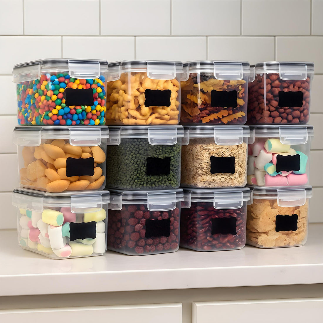 Set de 12 Caserole Elindor® Recipiente Ingrediente pentru Bucatarie, pentru Alimente Uscate, Recipient pentru Depozitare Cafea, Zahar, Paste, Cereale, Capac Etans, fara BPA, Potrivit pentru Congelator, Pix Alb Inclus si Etichete Negre, 9 x 10.5 x 15 cm, T