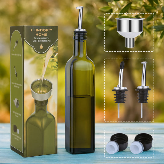 Oliviera Elindor® 500ml, Sticla Dozatoare Multifunctionala, Control Precis, pentru Gatit, Friteuza cu Aer, Salate, Material Sticla si Inox, Design Dual pentru Ulei si Otet, Verde Inchis