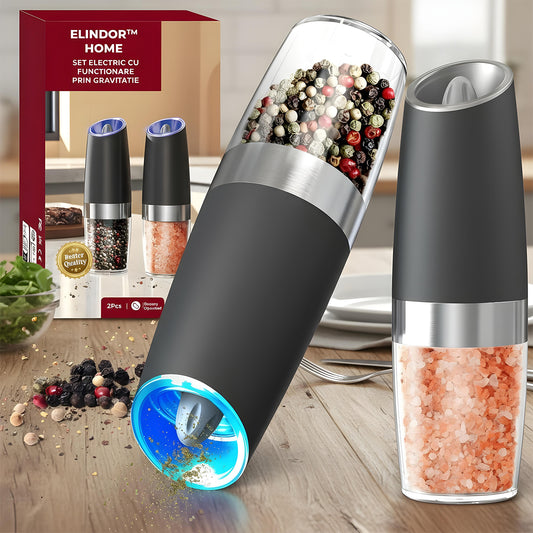 Set 2 Rasnite Electrice Elindor® Rasnita Electrica Led pentru Sare si Piper, Solnita si Pipernita din Sticla, Recipient Condimente cu Senzor Gravitational, Reglare Grosime Macinare, Operare cu o Mana, pentru Bucatarie, 135 ml, 20 x 6.3 cm, Transparent / N