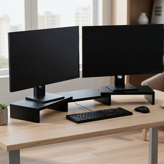 Suport din Lemn Elindor® pentru Doua Monitoare sau Laptop, Extensibil, Lungime Reglabila, Suport pentru Telefon, Antiderapant, Managementul Cablurilor, Birou cu Utilizare Multifunctionala, pe Masa, Ideala la Munca sau Acasa, Negru