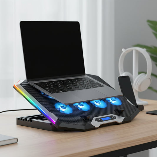 Cooler Laptop Gaming RGB Elindor® Suport cu Unghi Reglabil pe 5 Niveluri, Dimensiuni Compatabile 15-17.3 Inch, 6 Ventilatoare Puternice si Silentioase 30dB cu Viteza Ajustabila, 2 Porturi USB, Suport Telefon, Ecran LCD, pentru Birou, Calatorii, Negru