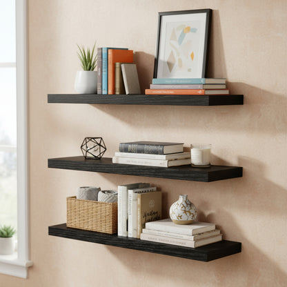 Set 3 Rafturi Elindor® Negre, Raft Suspendat de Depozitare, Mobila Bucatarie, Dormitor, Baie sau Birou, Etajera Practica cu Design Aerisit, Usor de Asamblat, Perfecta pentru Organizare Carti, Vesela, Condimente, Polita Produse Diverse, 40 x 17 x 1.5 cm